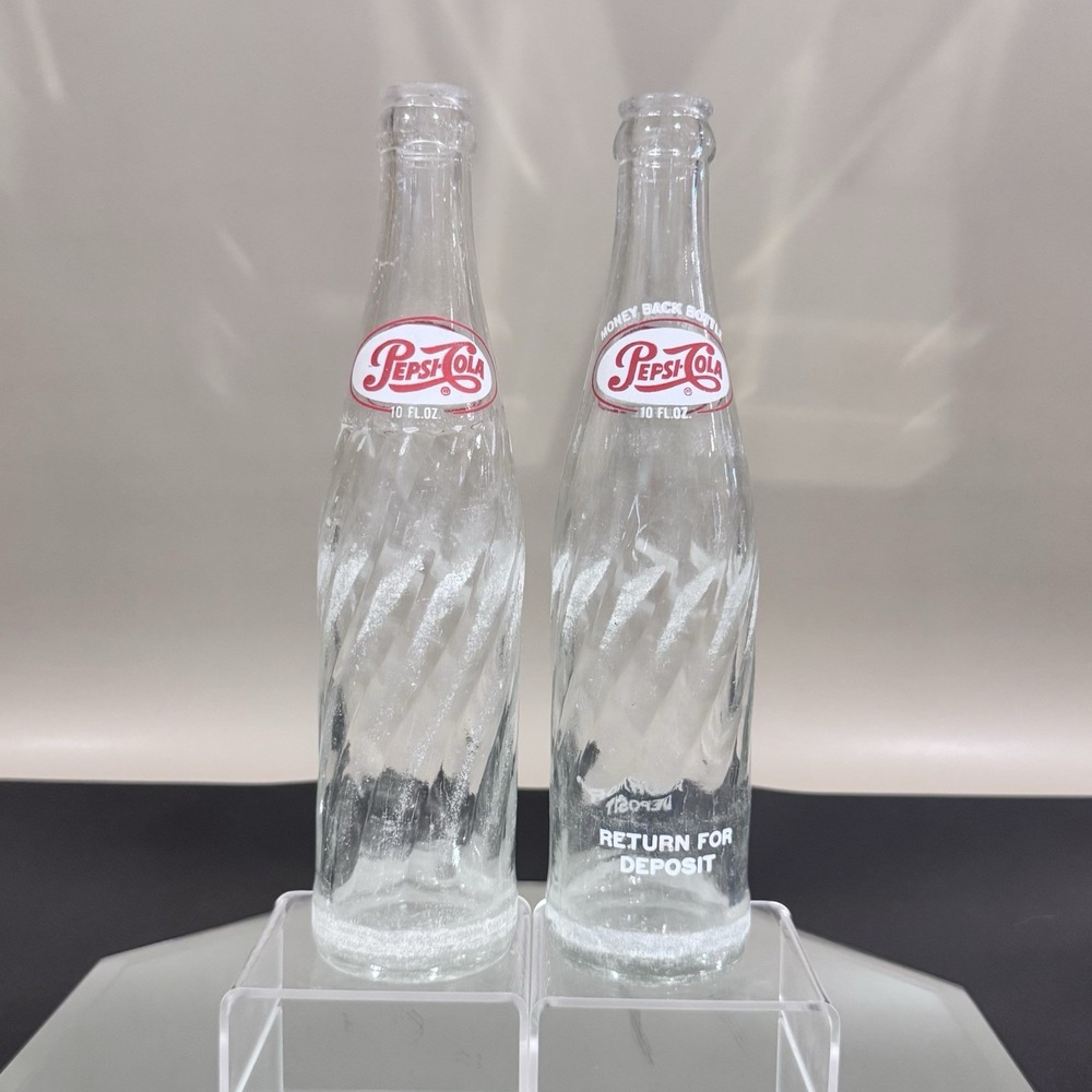 (2) Vintage‎ 60's Pepsi Swirl 10oz Glass Bottles Single Dot Money Back Bottle